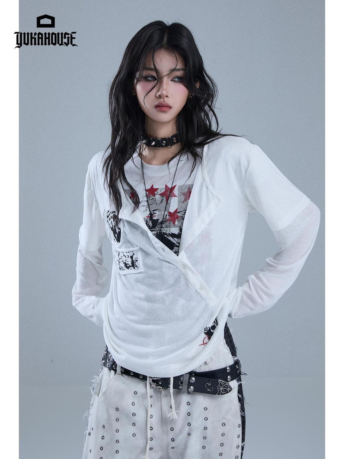 YUKAHOUSE Y2k Patch Print Layered Look Women's Lyocell Long Sleeve T-shirts