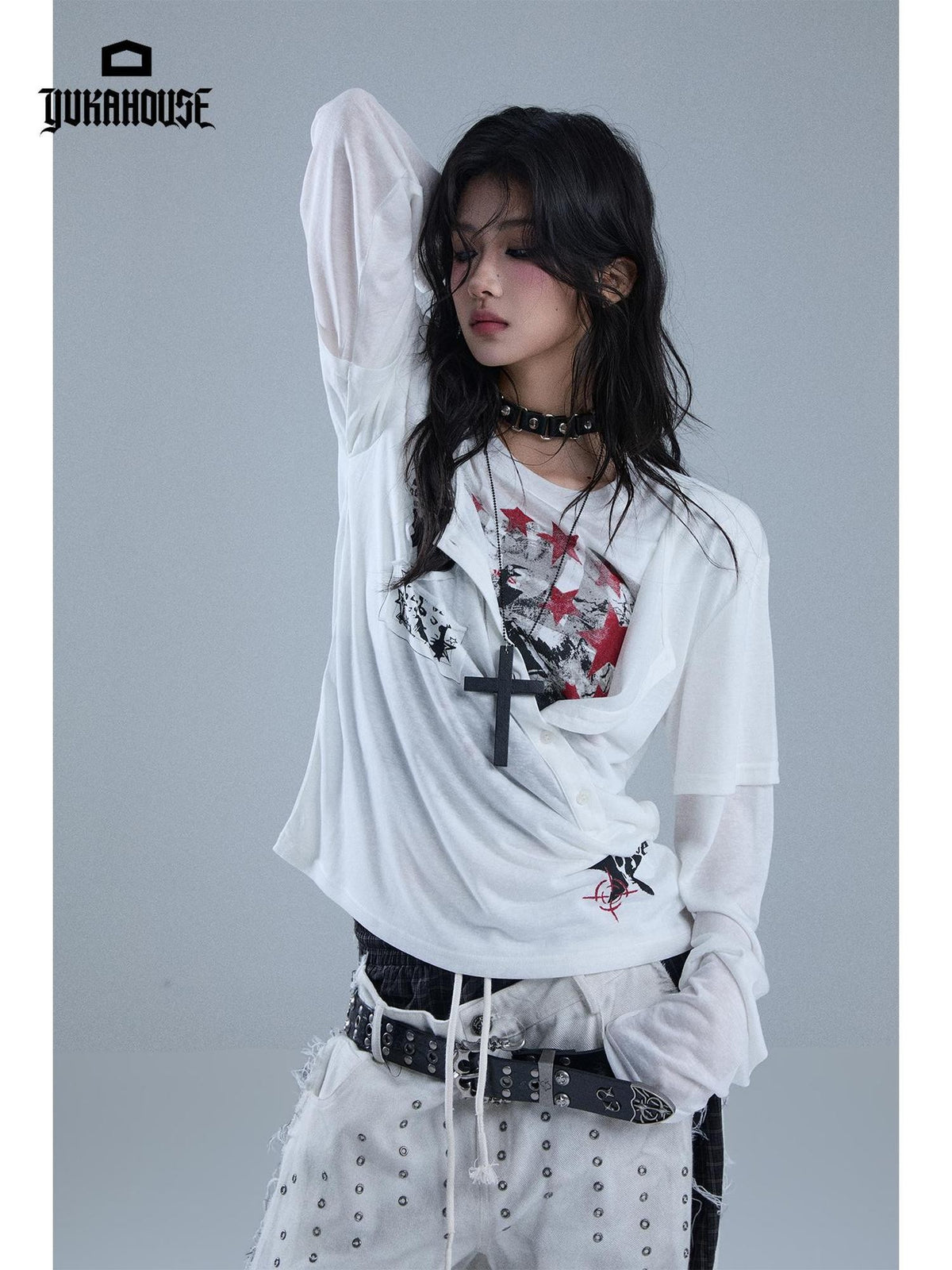 YUKAHOUSE Y2k Patch Print Layered Look Women's Lyocell Long Sleeve T-shirts