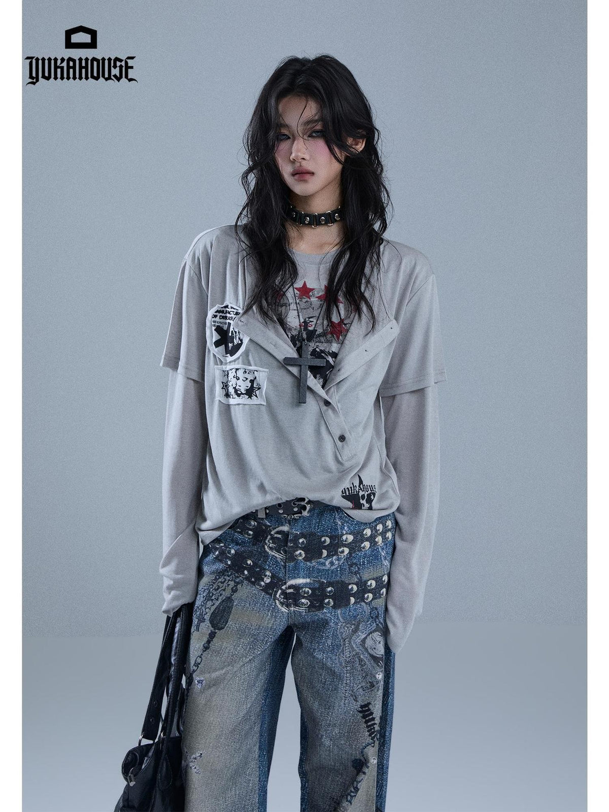 YUKAHOUSE Y2k Patch Print Layered Look Women's Lyocell Long Sleeve T-shirts