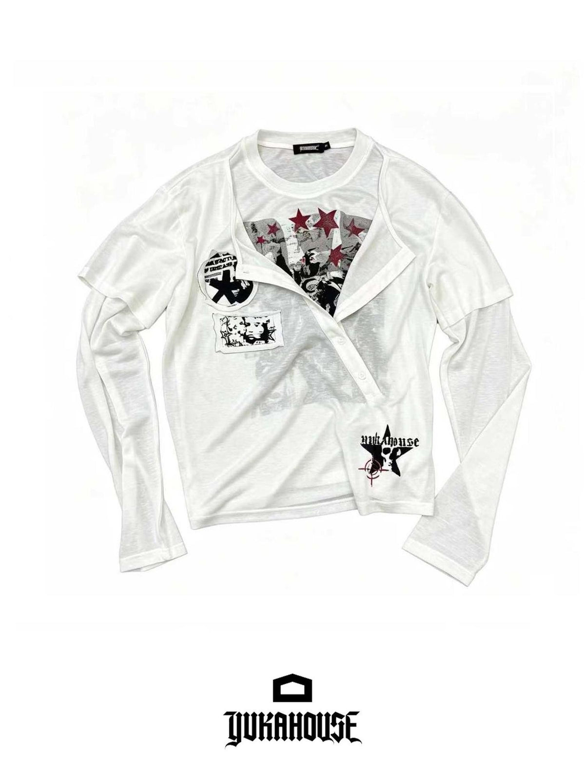 YUKAHOUSE Y2k Patch Print Layered Look Women's Lyocell Long Sleeve T-shirts