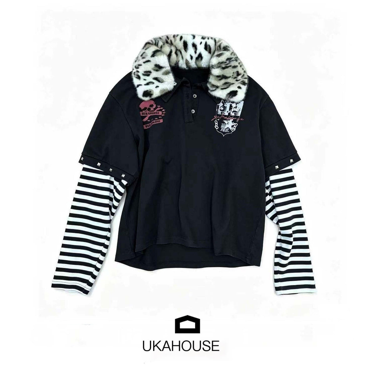 YUKAHOUSE_Y2k_Striped_Skull_Print_Rivet_Mock_Layer_Polo_Collar_Women's_Cotton_Long_Sleeve_T-shirts_1075269512908_MISSTT