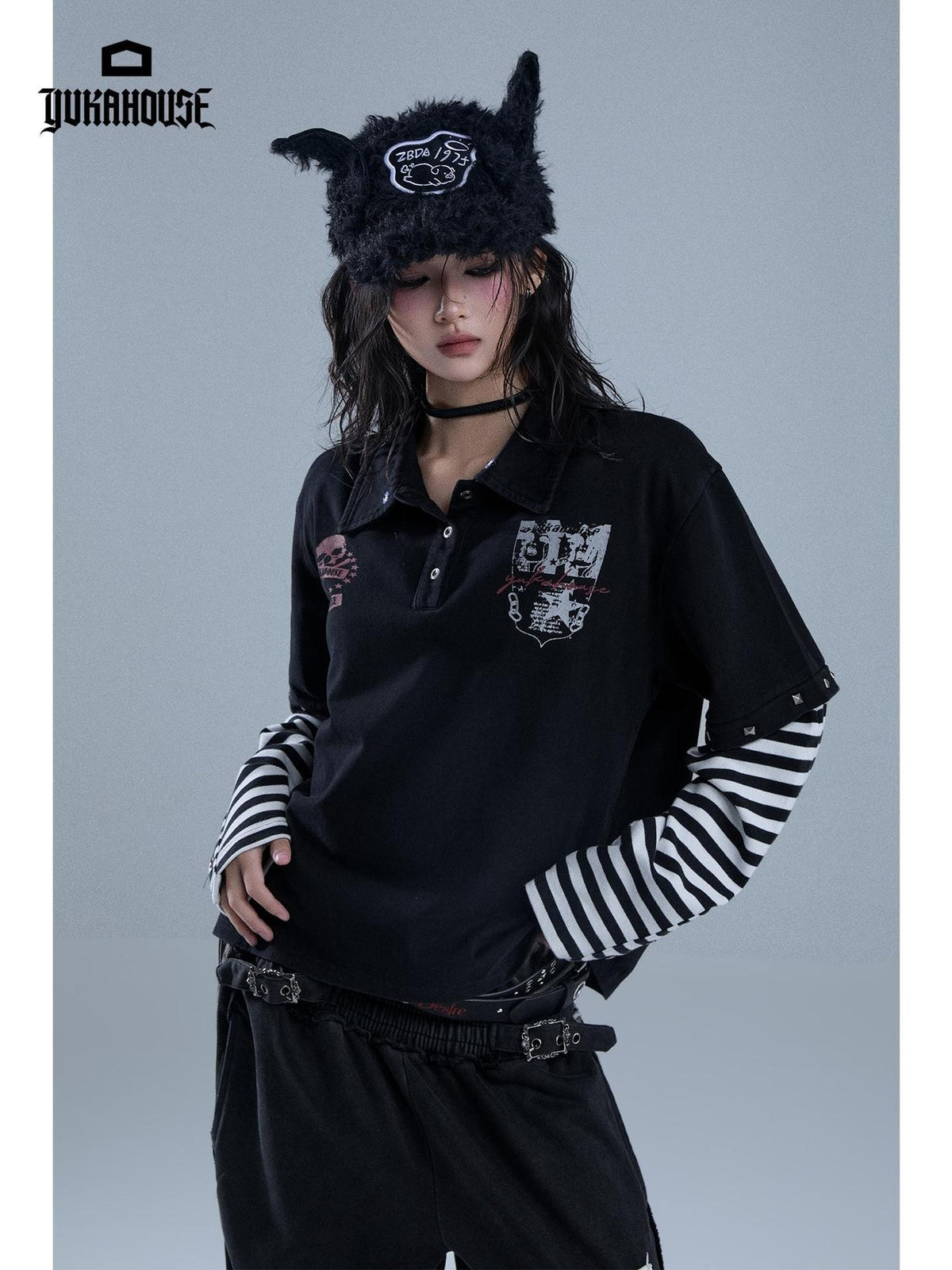 YUKAHOUSE Y2k Striped Skull Print Rivet Mock Layer Polo Collar Women's Cotton Long Sleeve T-shirts