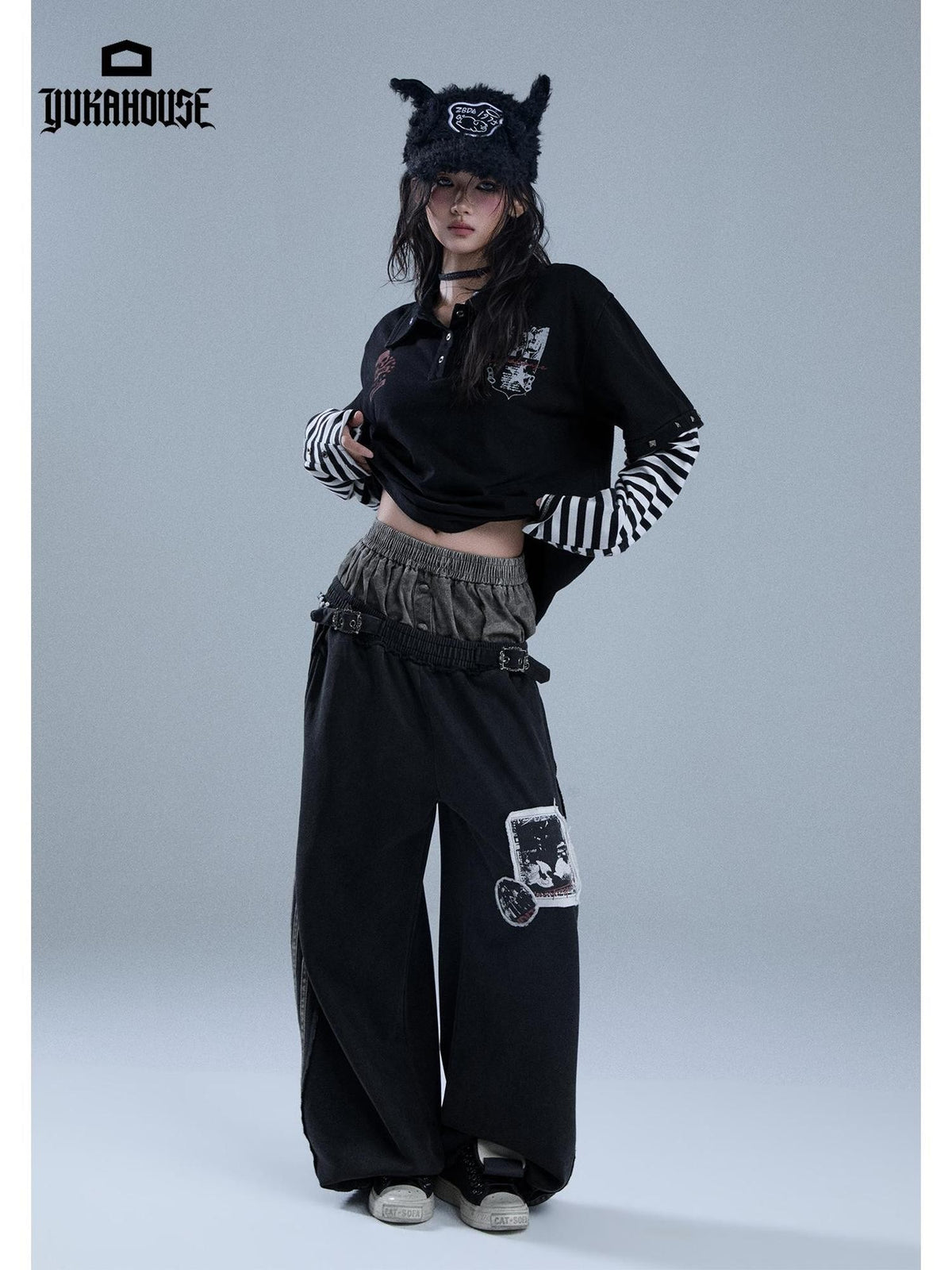 YUKAHOUSE Y2k Striped Skull Print Rivet Mock Layer Polo Collar Women's Cotton Long Sleeve T-shirts