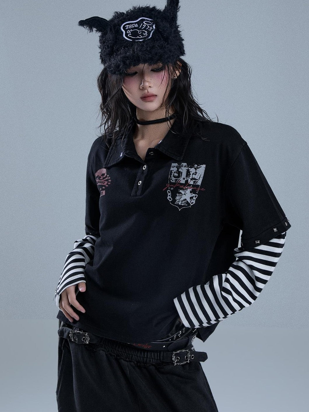 YUKAHOUSE Y2k Striped Skull Print Rivet Mock Layer Polo Collar Women's Cotton Long Sleeve T-shirts