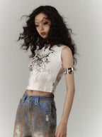 YUKAHOUSE Y2k Subculture Print Round Neck Slim Fit Women's Cotton Blend Crop Tops