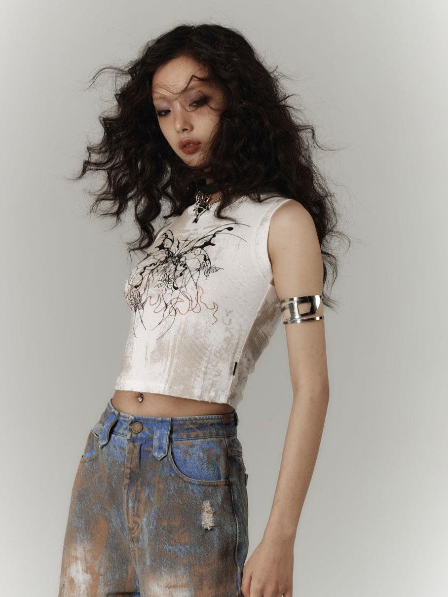 YUKAHOUSE Y2k Subculture Print Round Neck Slim Fit Women's Cotton Blend Crop Tops