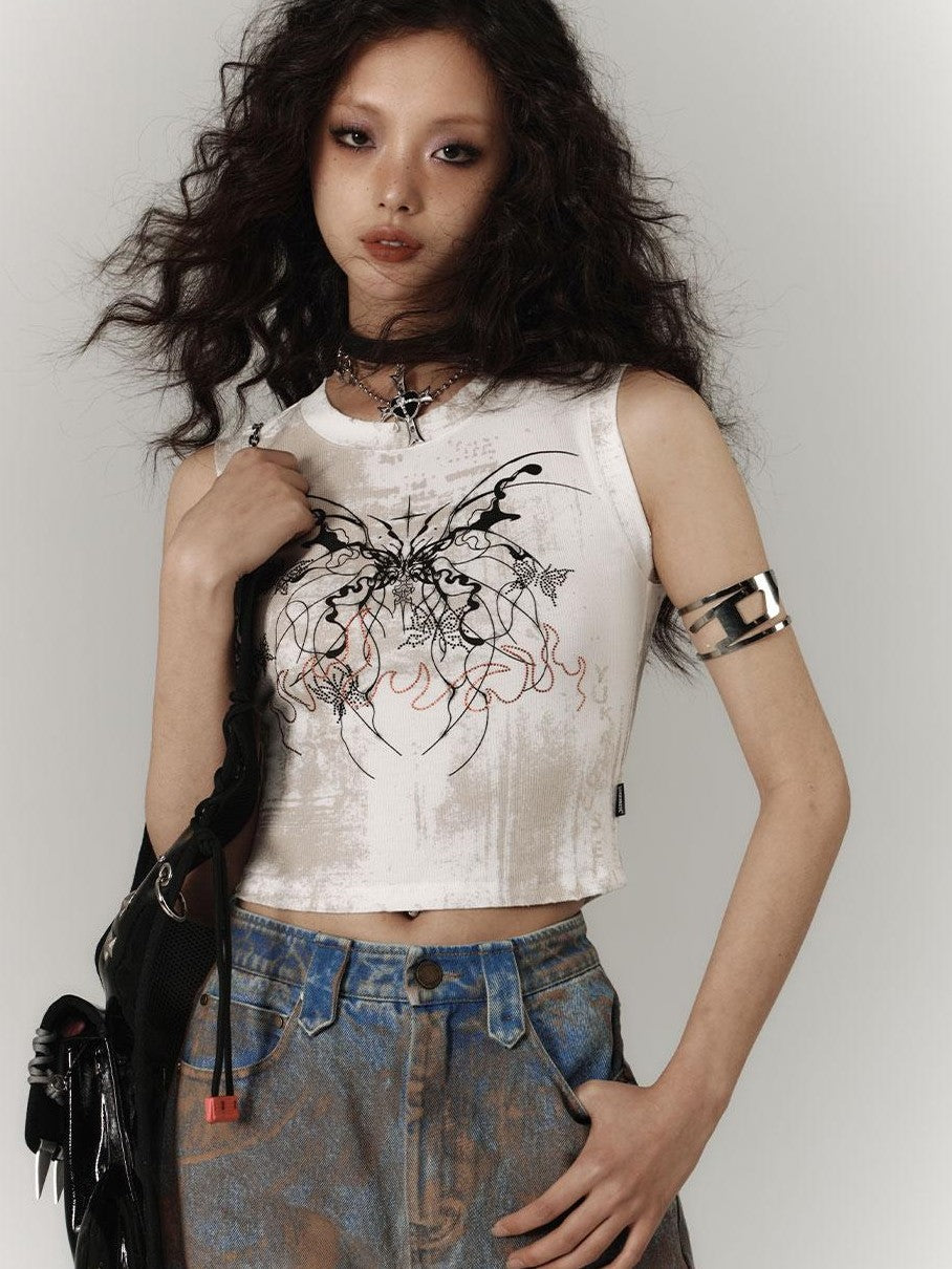 YUKAHOUSE Y2k Subculture Print Round Neck Slim Fit Women's Cotton Blend Crop Tops