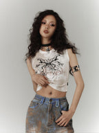 YUKAHOUSE Y2k Subculture Print Round Neck Slim Fit Women's Cotton Blend Crop Tops