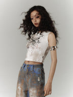 YUKAHOUSE Y2k Subculture Print Round Neck Slim Fit Women's Cotton Blend Crop Tops