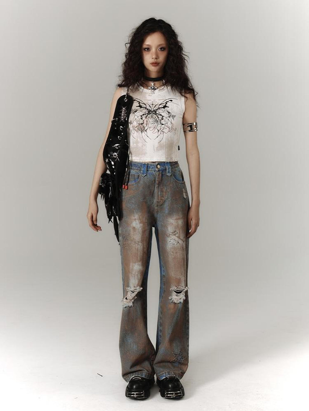 YUKAHOUSE Y2k Subculture Print Round Neck Slim Fit Women's Cotton Blend Crop Tops