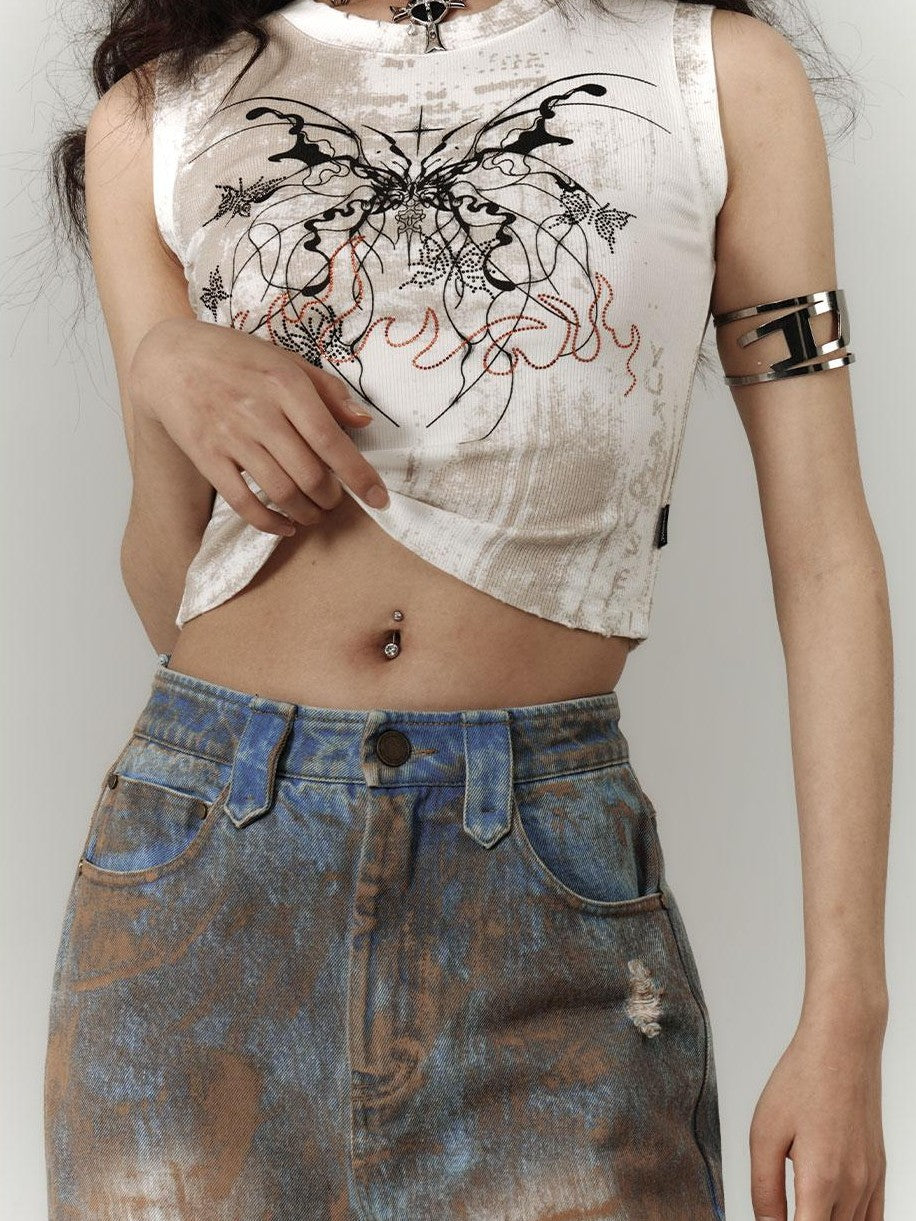 YUKAHOUSE Y2k Subculture Print Round Neck Slim Fit Women's Cotton Blend Crop Tops