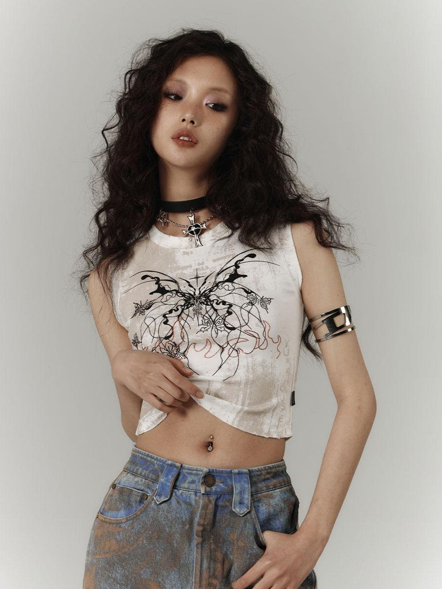 YUKAHOUSE Y2k Subculture Print Round Neck Slim Fit Women's Cotton Blend Crop Tops