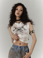YUKAHOUSE Y2k Subculture Print Round Neck Slim Fit Women's Cotton Blend Crop Tops