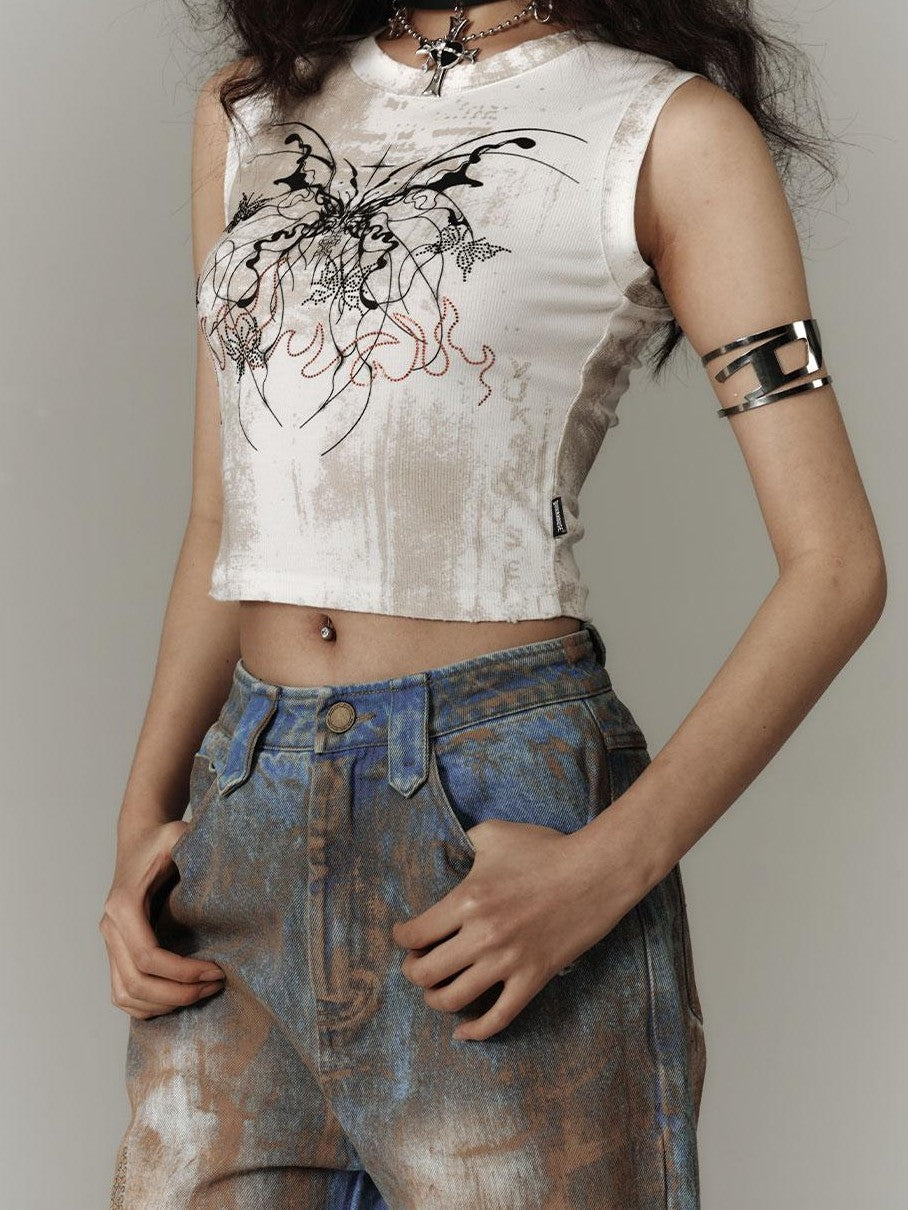 YUKAHOUSE Y2k Subculture Print Round Neck Slim Fit Women's Cotton Blend Crop Tops