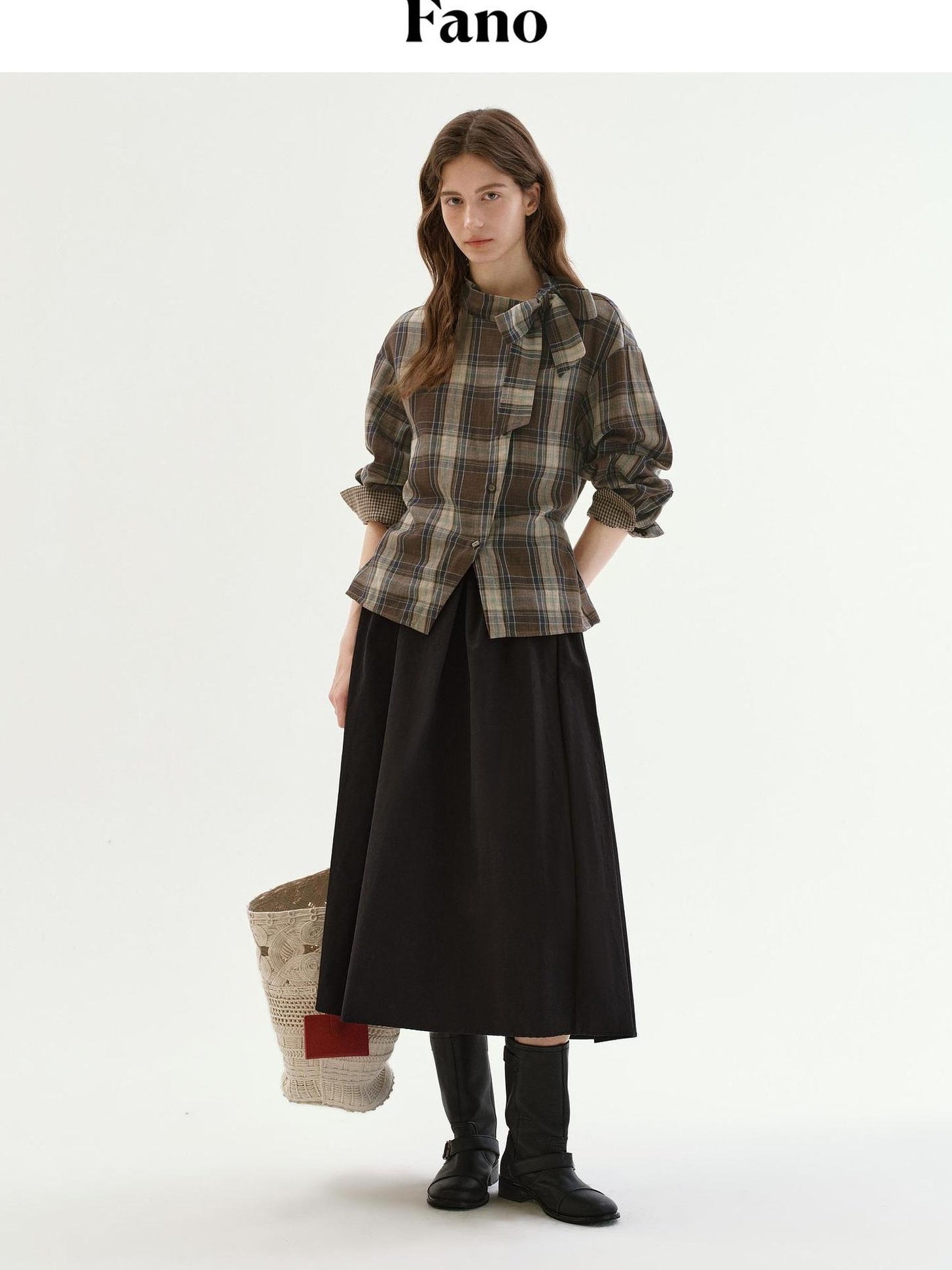 fano Soft Cotton Tie Bow Plaid Long Sleeve Stand Collar Office Cardigan Women Blouses