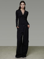 unspoken Breathable Lyocell Lace Slim Fit V-neck Long Sleeve Women Black Blouses