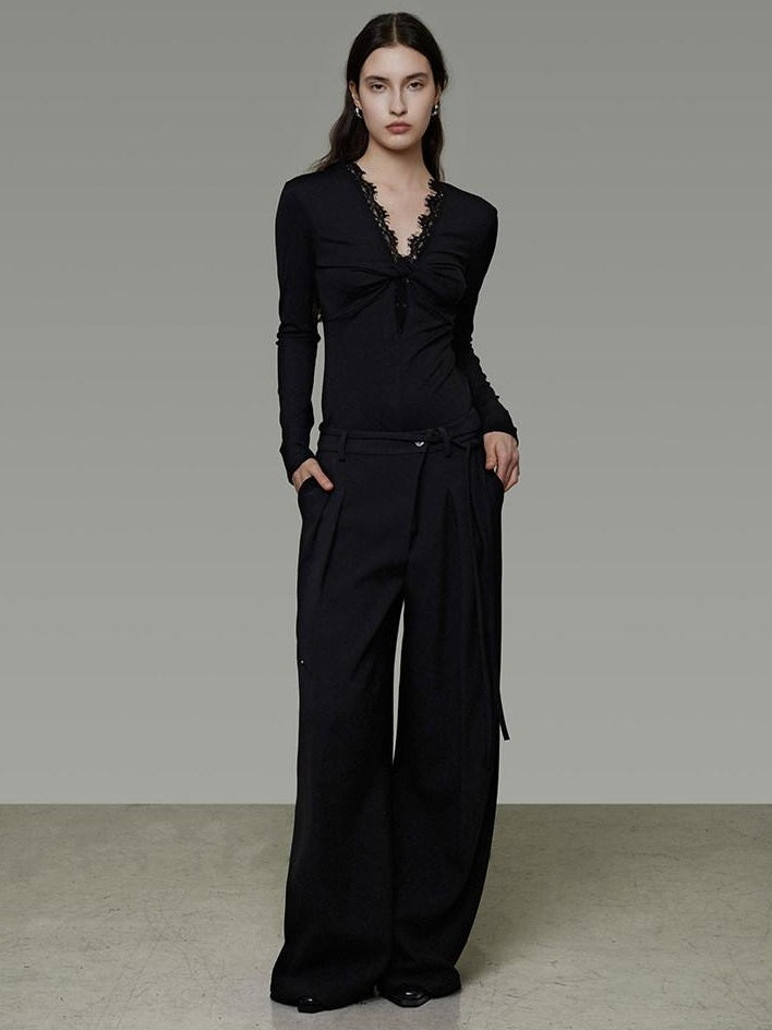 unspoken Breathable Lyocell Lace Slim Fit V-neck Long Sleeve Women Black Blouses