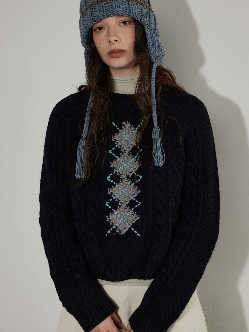 Lofi choose Soft Acrylic Crewneck Loose Fit Diamond Pattern Commuter Knitwear Sweaters