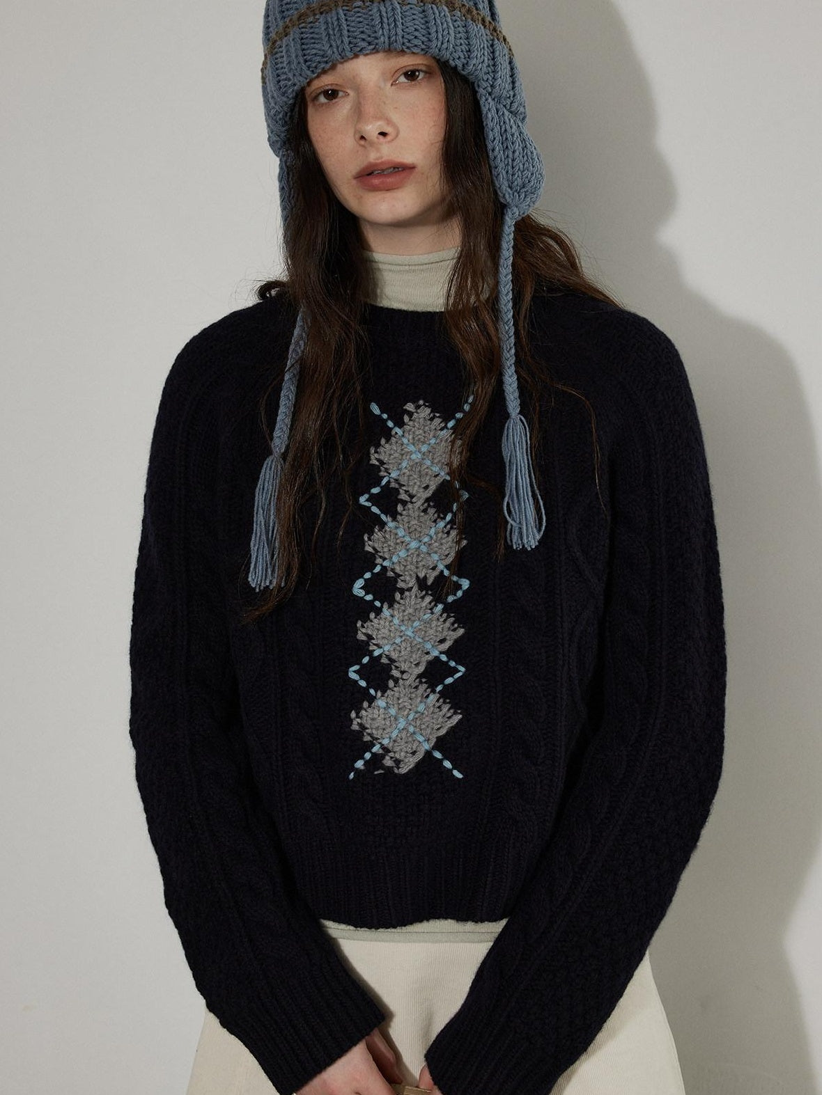 Lofi choose Soft Acrylic Crewneck Loose Fit Diamond Pattern Commuter Knitwear Sweaters