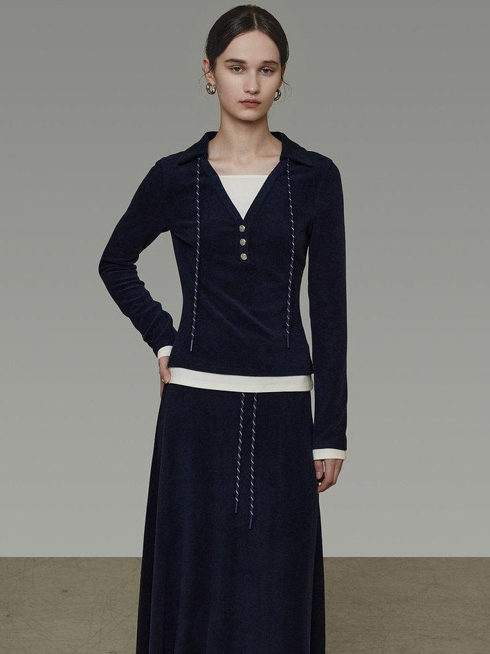 unspoken Breathable Slim Fit V-neck Knit Three Piece High Waist Navy Women Lounge Sets