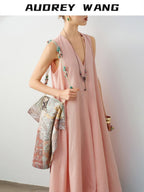 audreyyang Linen Blend V-neck Sleeveless A Line Casual Pink Maxi Dresses