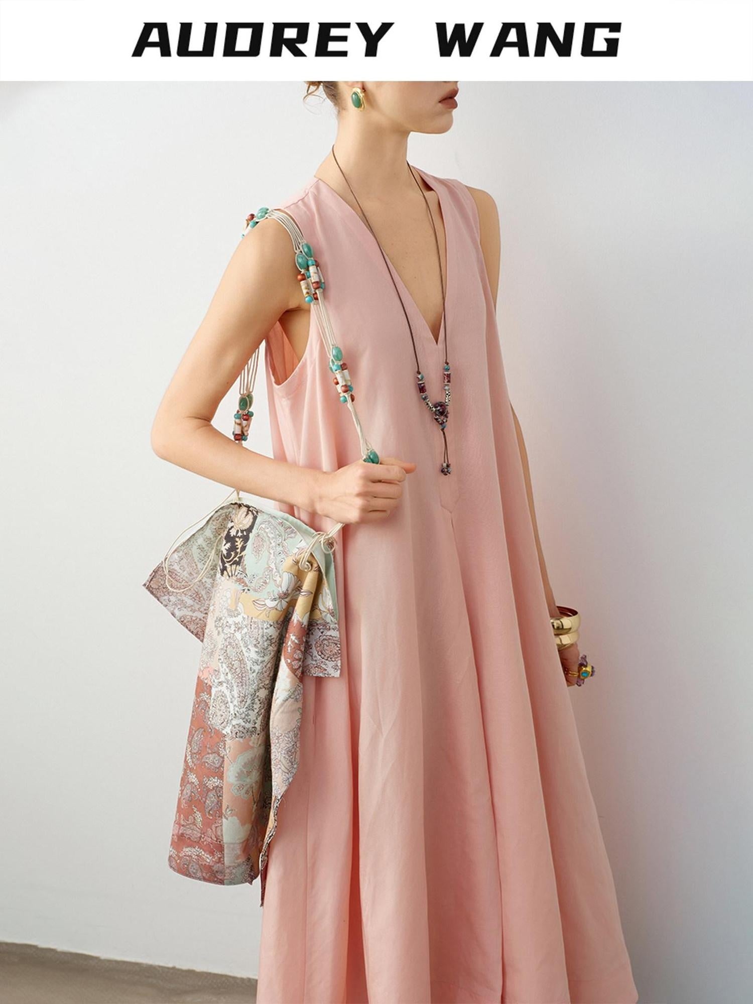 audreyyang Linen Blend V-neck Sleeveless A Line Casual Pink Maxi Dresses
