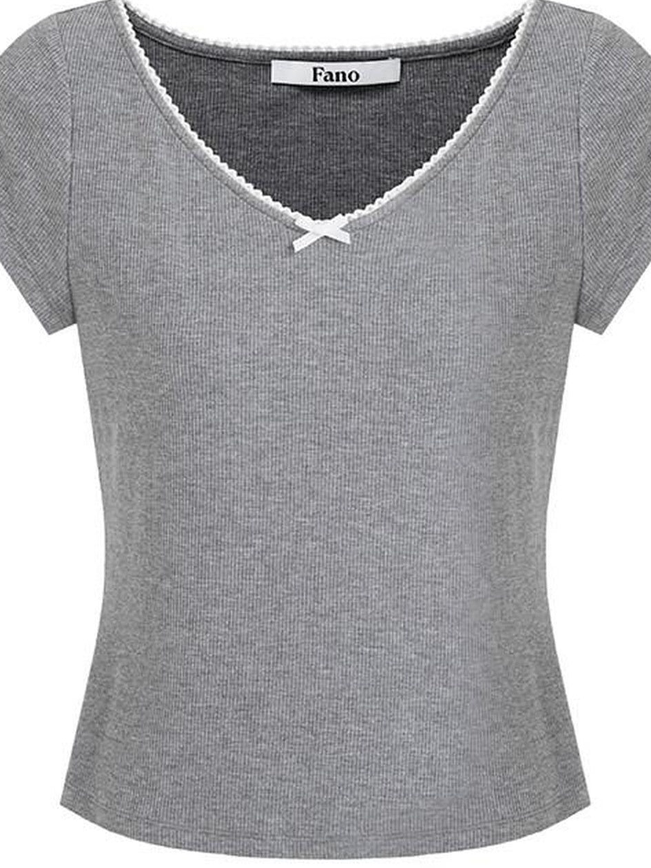 fano Soft V-neck Stretch Slim Fit Korean Office Short Sleeve Grey Basic Crop Tops