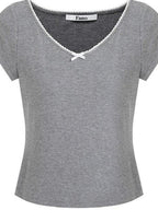 fano Soft V-neck Stretch Slim Fit Korean Office Short Sleeve Grey Basic Crop Tops