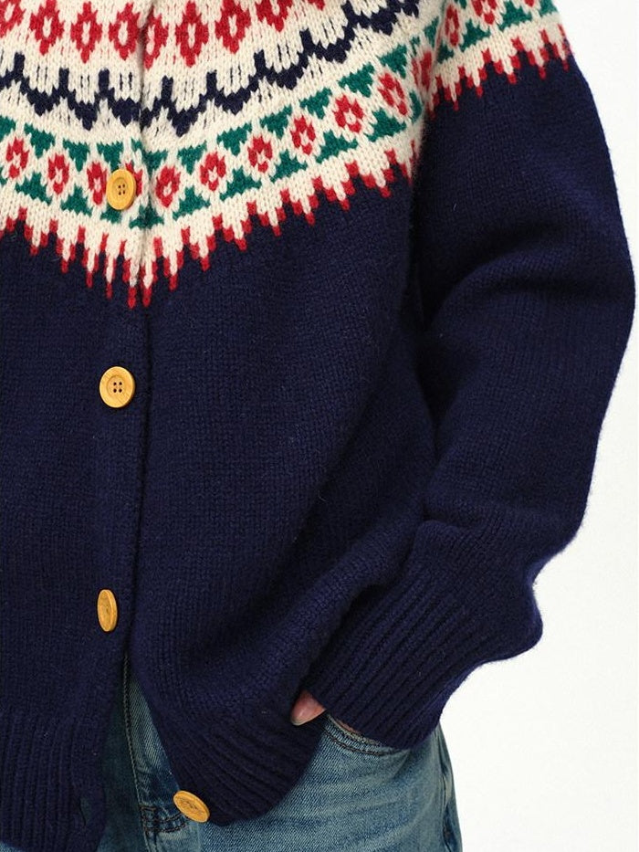 fano 100 Percent Wool Loose Fit Button Front Commuter Crew Neck Knit Cardigans
