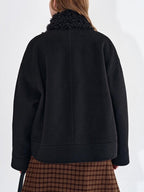 fano Soft Wool Blend Korean Oversized Lapel Collar Women Office Black Solid Short Coat