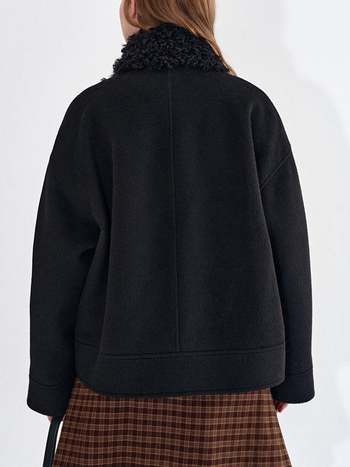 fano Soft Wool Blend Korean Oversized Lapel Collar Women Office Black Solid Short Coat