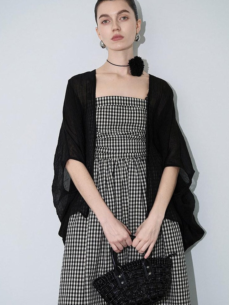 audreyyang Light Hemp Knit Relaxed Batwing V-neck Women Black Open Front Cardigans