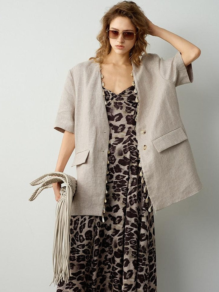 audreyyang Pure Linen Relaxed Short Sleeve Solid Casual Women Lightweight Top & Shorts Sets