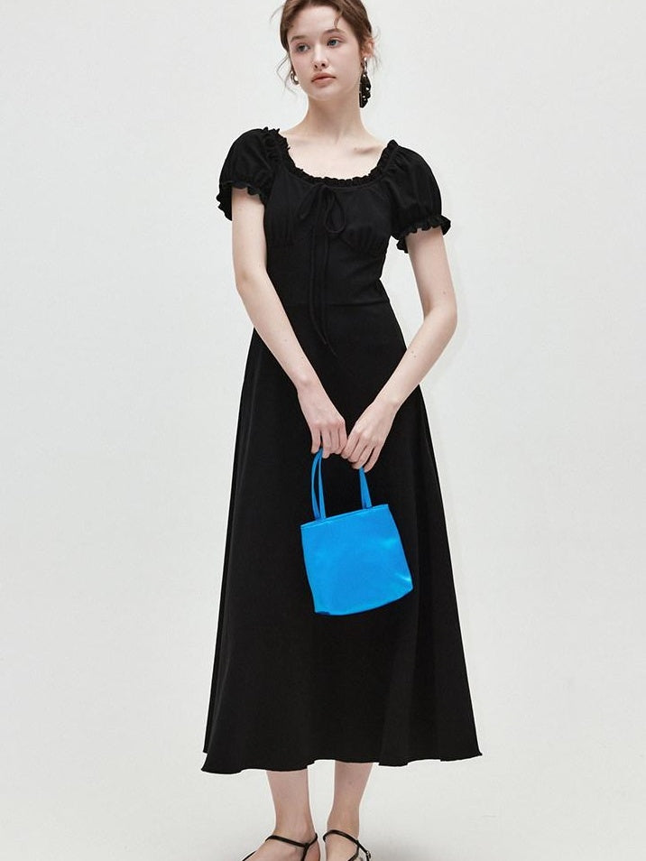 fano Structured High Waist A Line Square Neck Cotton Short Sleeve Black Maxi Dresses