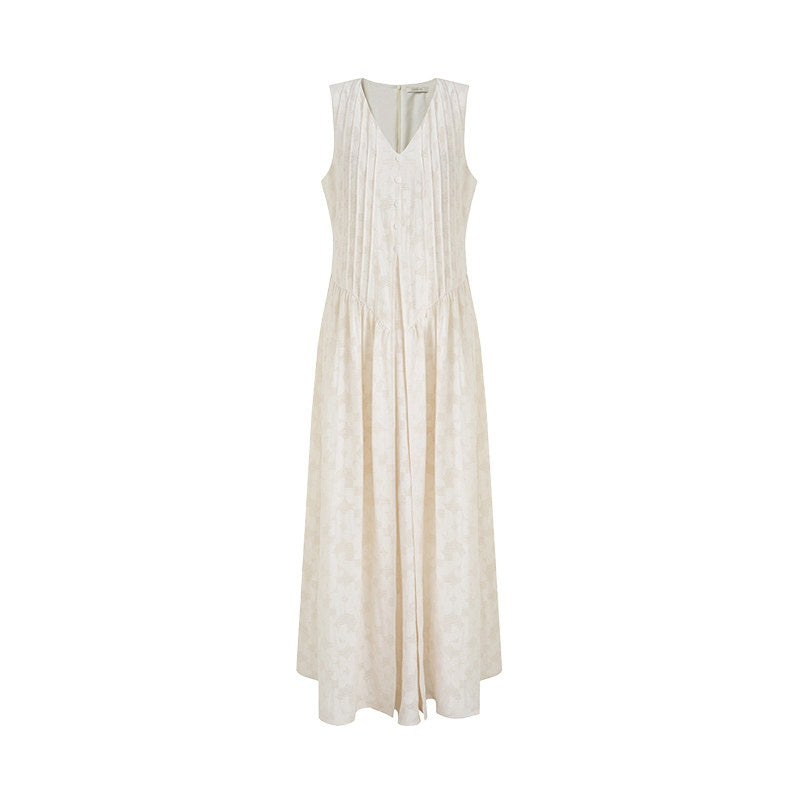 unspoken_Elegant_Jacquard_V-neck_High_Waist_A_Line_Sleeveless_Work_Off_White_Maxi_Dresses_MISSTT