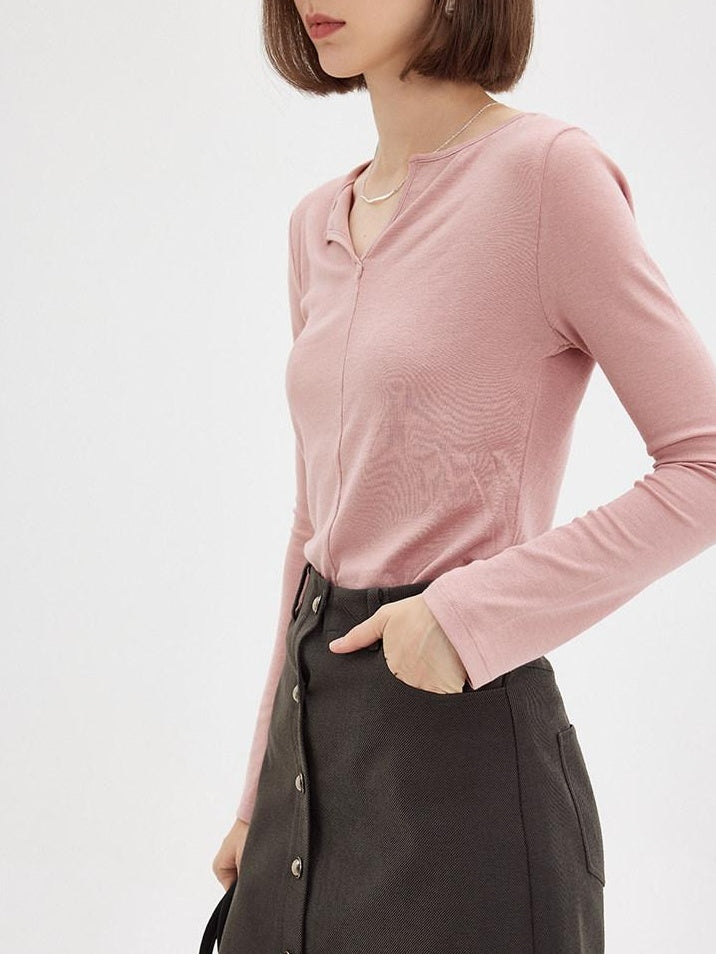 fano Soft V-neck Slim Fit Commuter Top For Women Solid Color Long Sleeve T-Shirts