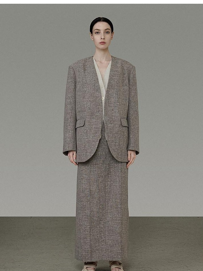 unspoken Minimalist Heather Gray Loose Fit Longsleeve Office Polyester Top & Skirt Sets