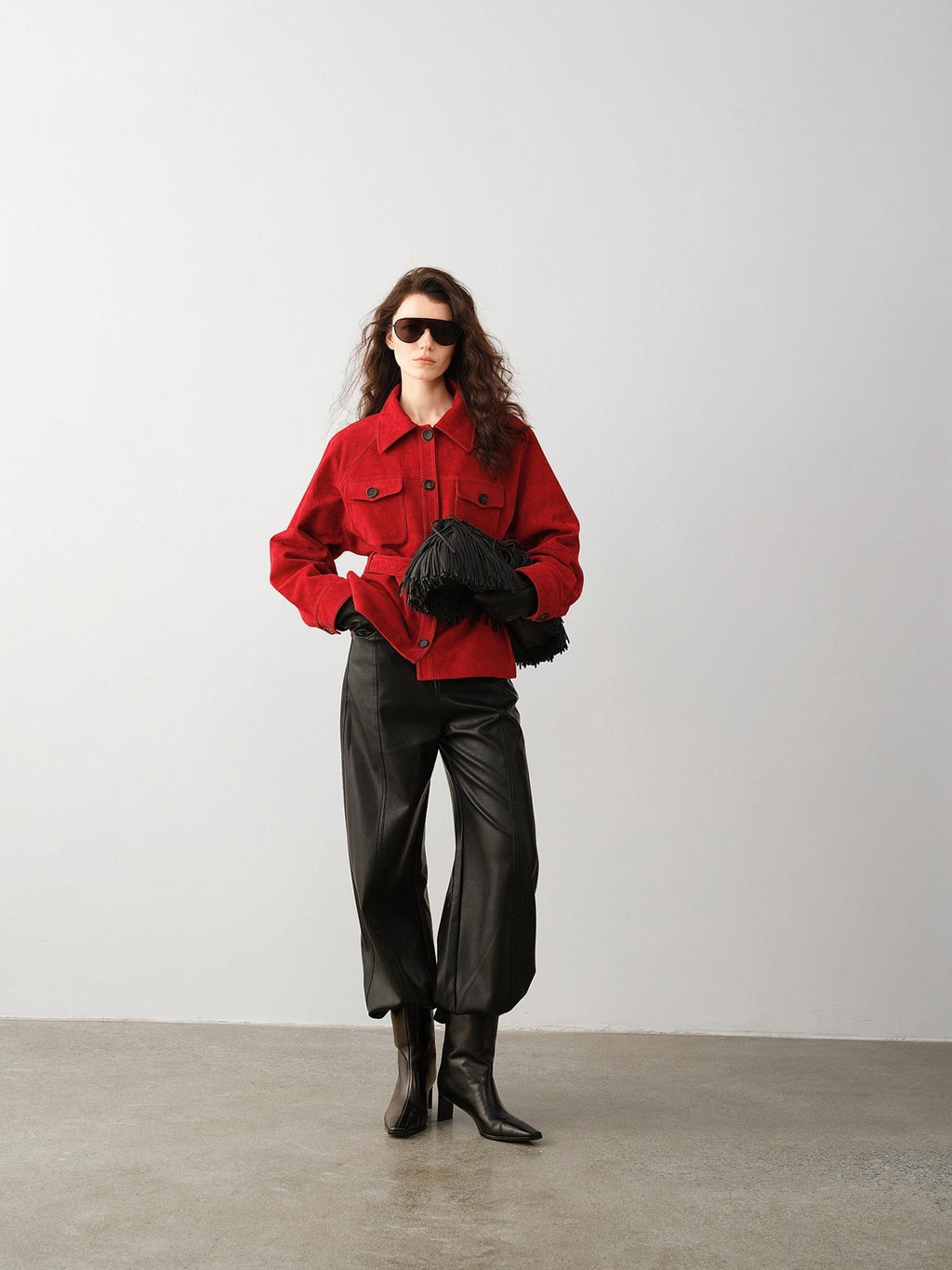 audreyyang Premium Lambskin Loose Fit Lapel Button Women Chinese Red Cropped Jackets