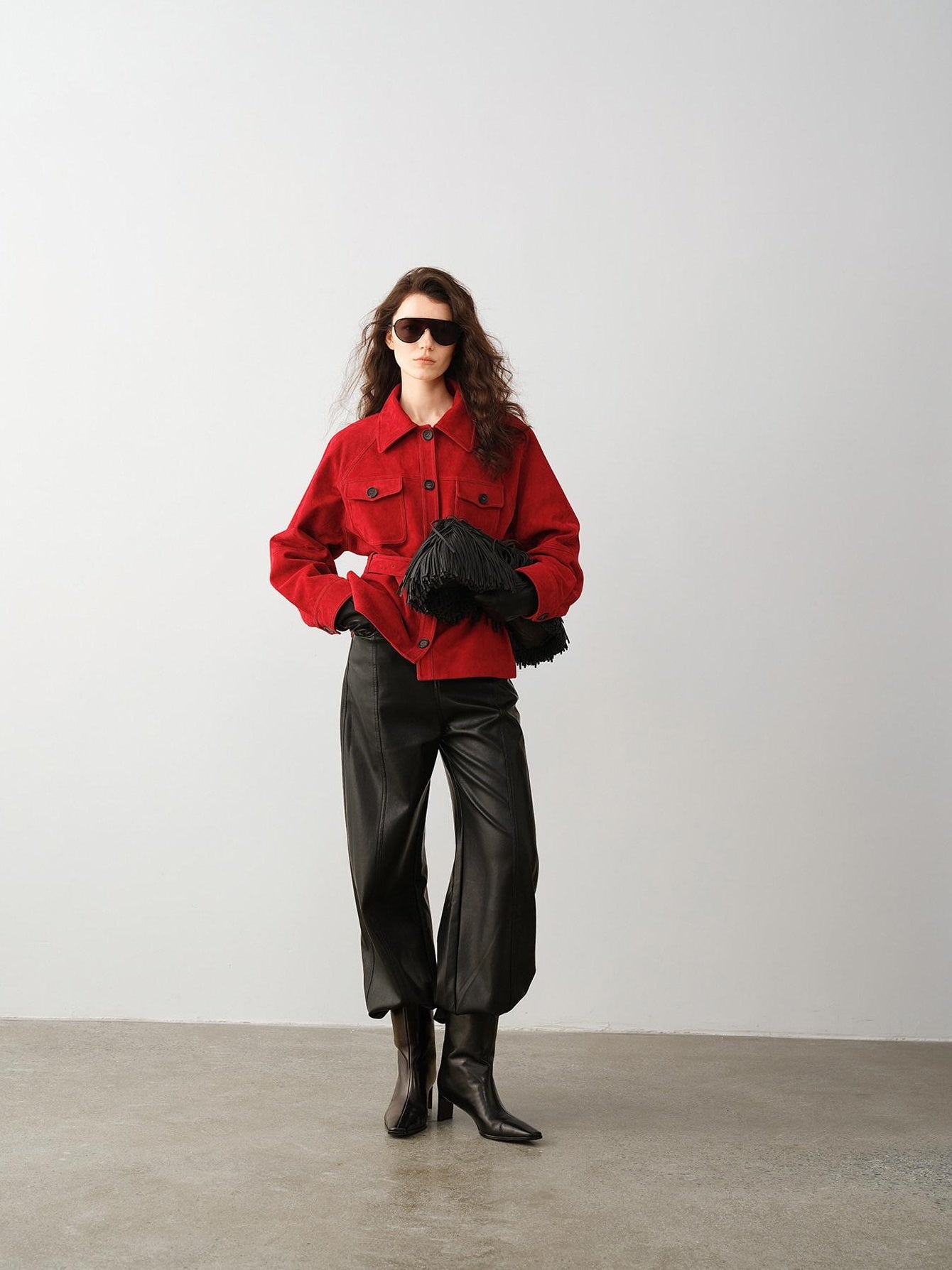 audreyyang Premium Lambskin Loose Fit Lapel Button Women Chinese Red Cropped Jackets