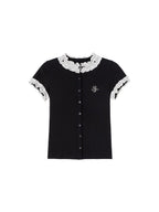 ikyou Cotton Stretch Slim Polka Dot Ruffle Women Short Sleeve Buttoned Knit Cardigans