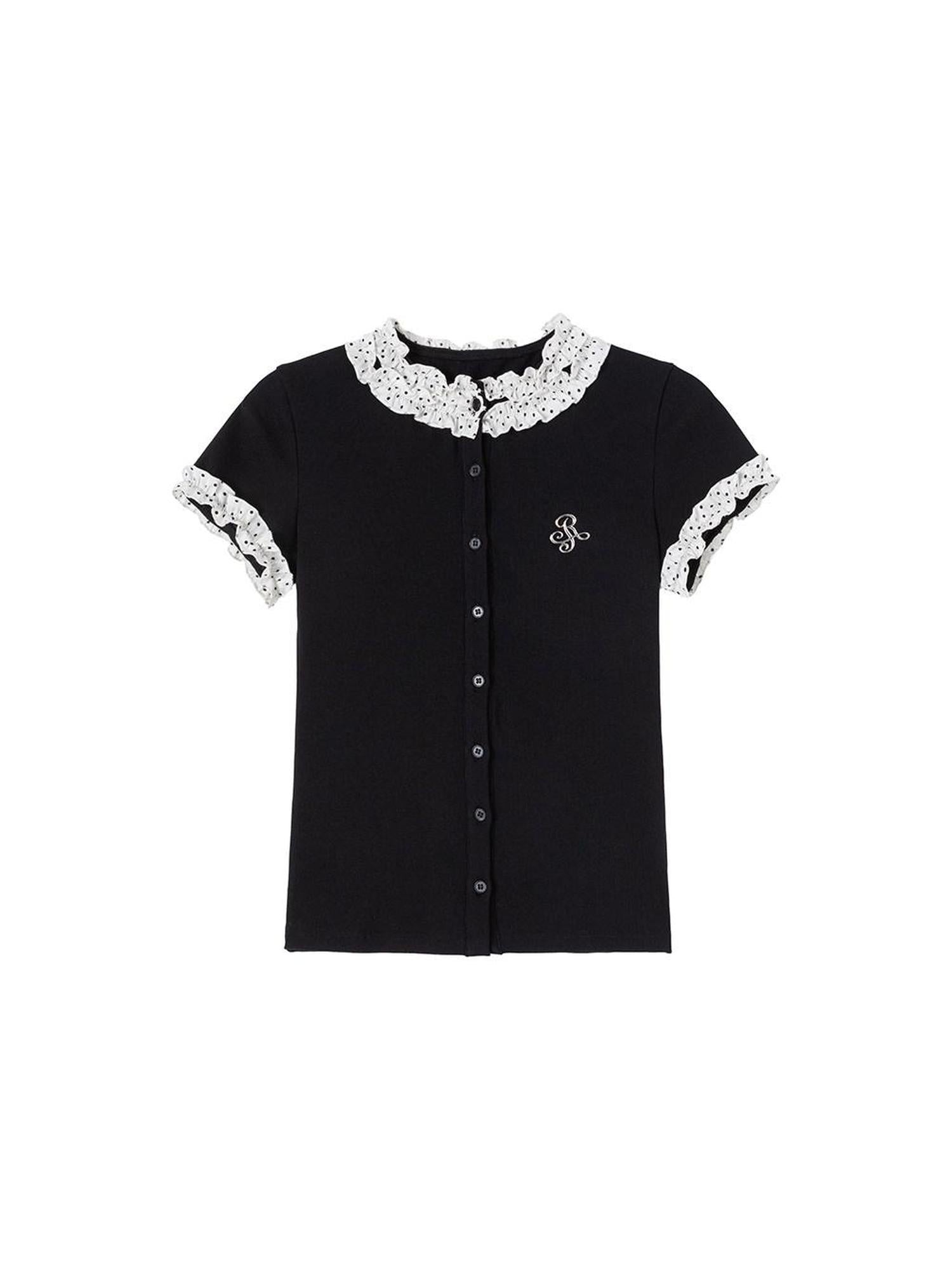ikyou Cotton Stretch Slim Polka Dot Ruffle Women Short Sleeve Buttoned Knit Cardigans