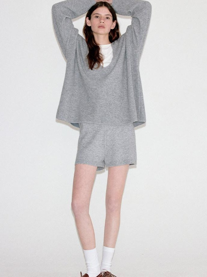 fano Light Heather Gray V-neck Knit Loose Casual Women Top & Shorts Sets