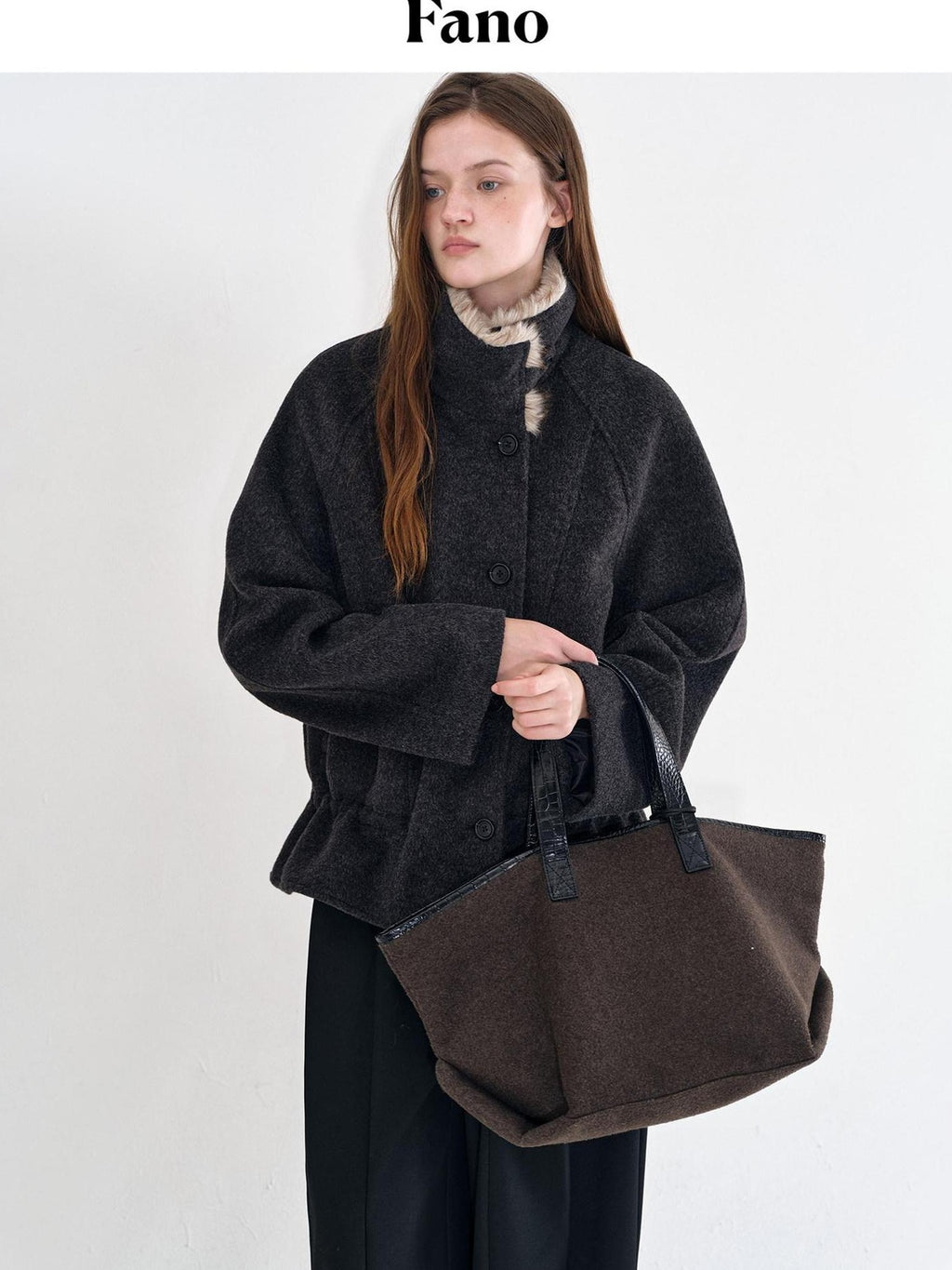 fano Warm Wool Blend Relaxed Stand Collar Drawstring Women Black Gray Short Coat