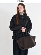 fano Warm Wool Blend Relaxed Stand Collar Drawstring Women Black Gray Short Coat
