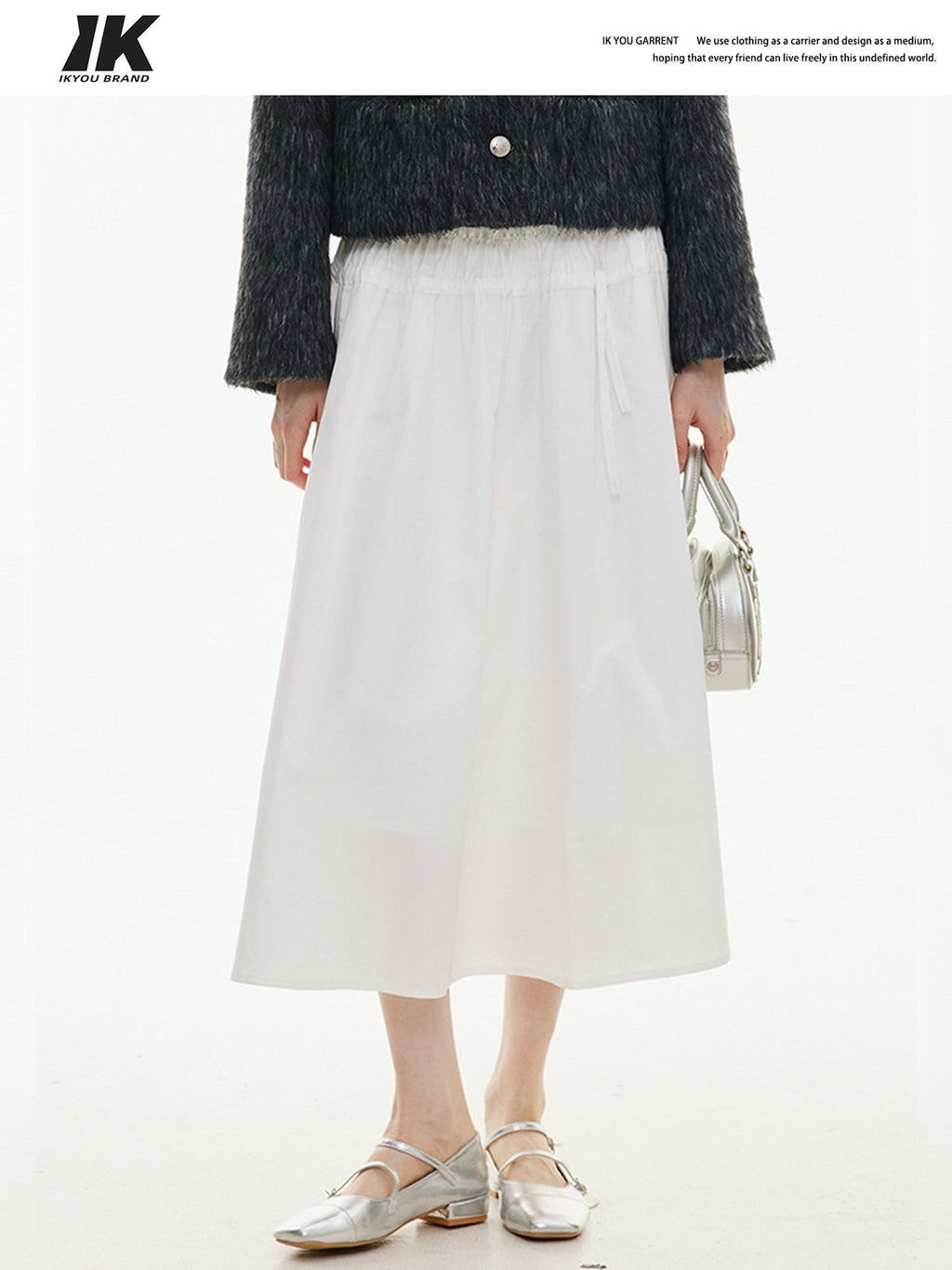 ikyou Shape Retaining A Line High Waist Drawstring Women Cotton Nylon Midi Skirts