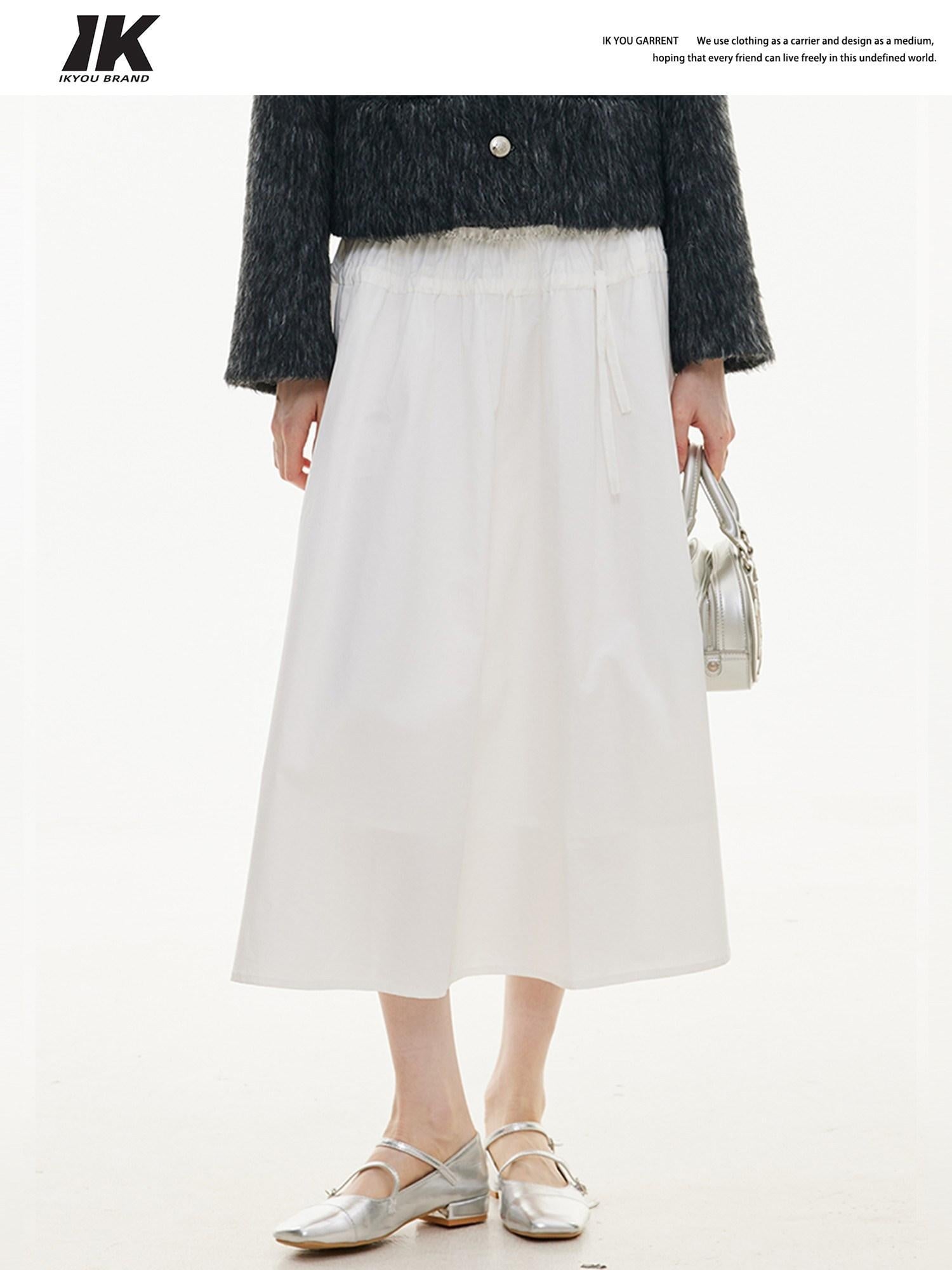 ikyou Shape Retaining A Line High Waist Drawstring Women Cotton Nylon Midi Skirts