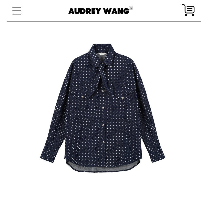 audreyyang_Bow_Detail_Loose_Fit_Casual_Women_Daily_Polka_Dot_Cotton_Denim_Jackets_MISSTT