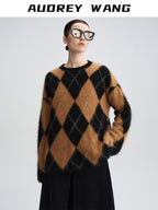 audreyyang Thick Wool Cashmere Vintage Straight Fit Brown Diamond Knit Women Sweaters