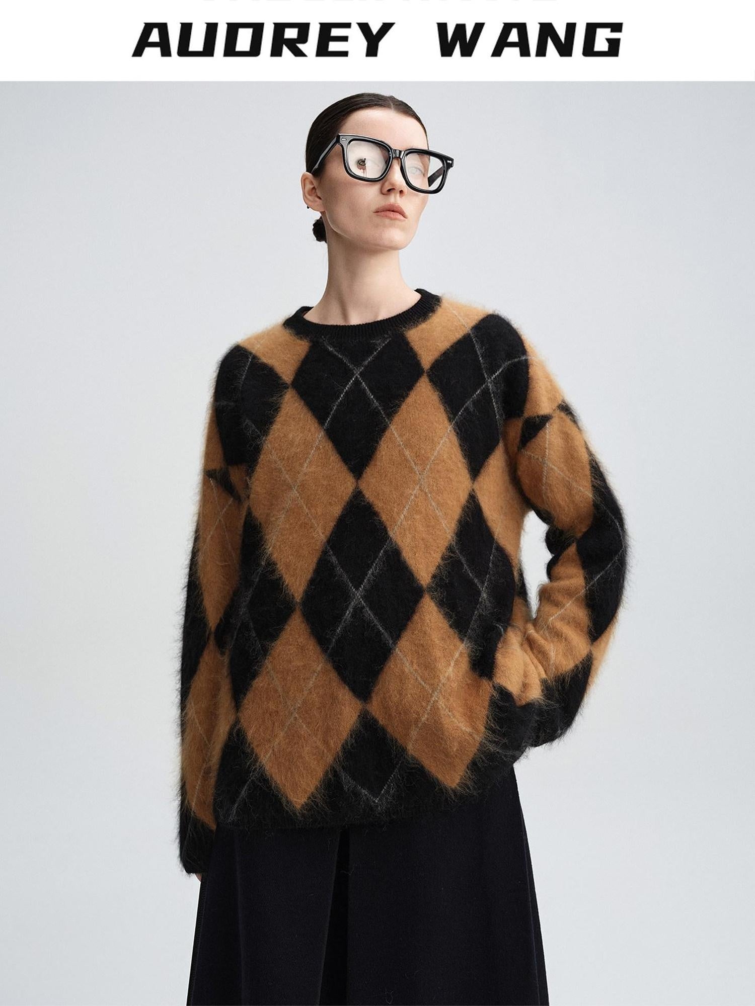 audreyyang Thick Wool Cashmere Vintage Straight Fit Brown Diamond Knit Women Sweaters