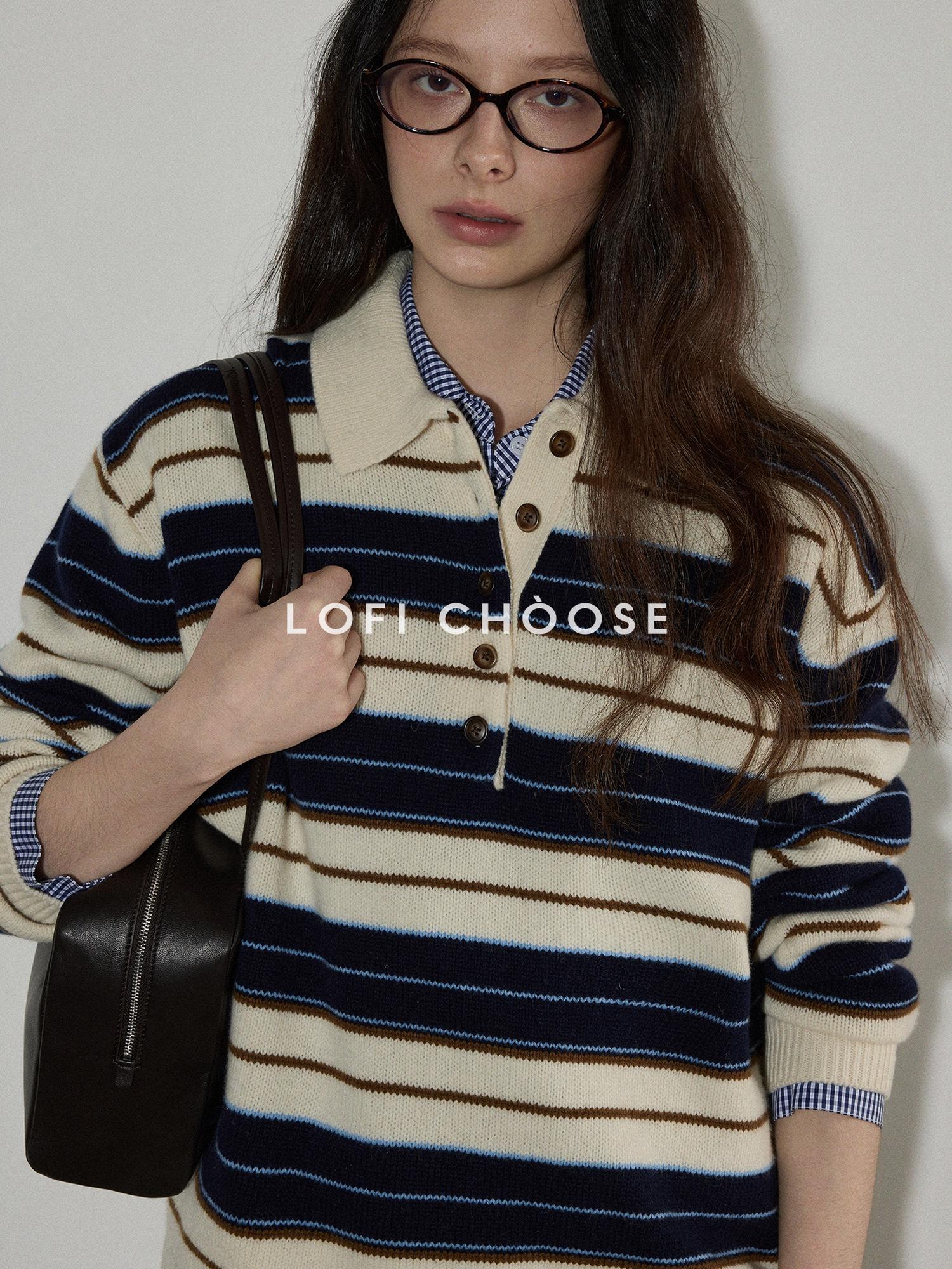Lofi choose Contrast Polo Collar Striped Loose Office Knit Button Pullover Women Sweaters